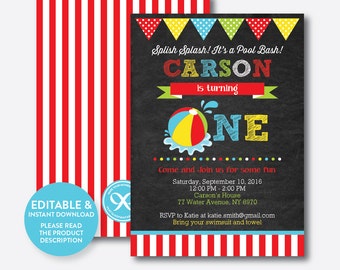 Instant Download, Editable One Birthday Invitation, 1st Birthday Invitation, Boy First Birthday, Beach Ball Invitation, Chalkboard(CKB.108B)