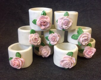 Shabby Chic Vintage Pink Rose Ceramic Napkin Holders, Set of 9 by MSR 1964