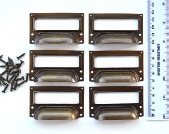 A set of 6 vintage aged brass filing cabinet label holder drawer pull handle FD2