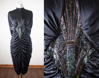 1970s Cocoon Dress, Black Cocktail Dress, Beaded Dress, Vintage 70s Dress, 80s Dress, Backless Dress, Sheer Dress, Disco Dress, Party Dress