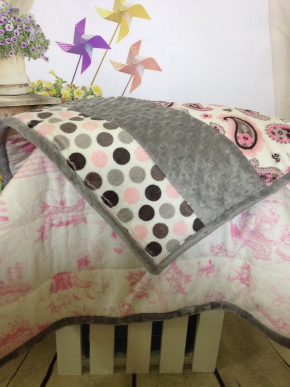 Girl Baby Quilt Minky Pink White Paisley and Gray Damask