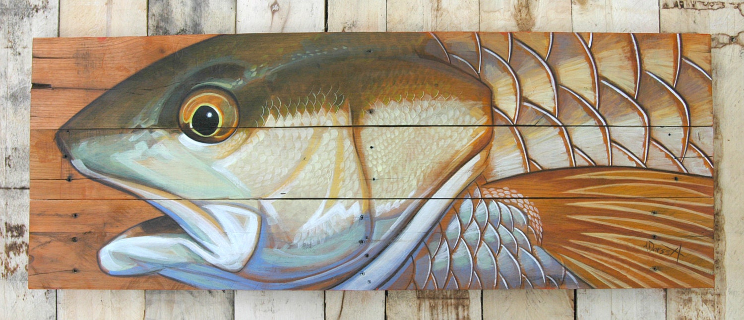 Redfish painting on handmade wood panel rustic