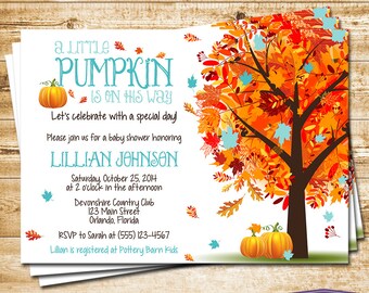 Boy Little Pumpkin Baby Shower Invitation Blue Autumn Fall Baby Shower Invite - Fall Leaves Fall Tree - Luncheon Shower - 1412 PRINTABLE