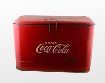 Vintage Metal Coca Cola Cooler -Heavy Galvanized Coke Cooler Classic Cola Red with Latching Lid and Iconic Logo in Embossed White-Progress
