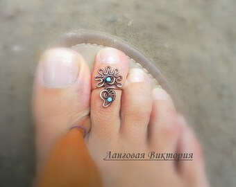 Ring on the toe "Flower", copper, turquoise. Wire wrap jewelry ring. Summer, beach, adjustable ring on the toe.