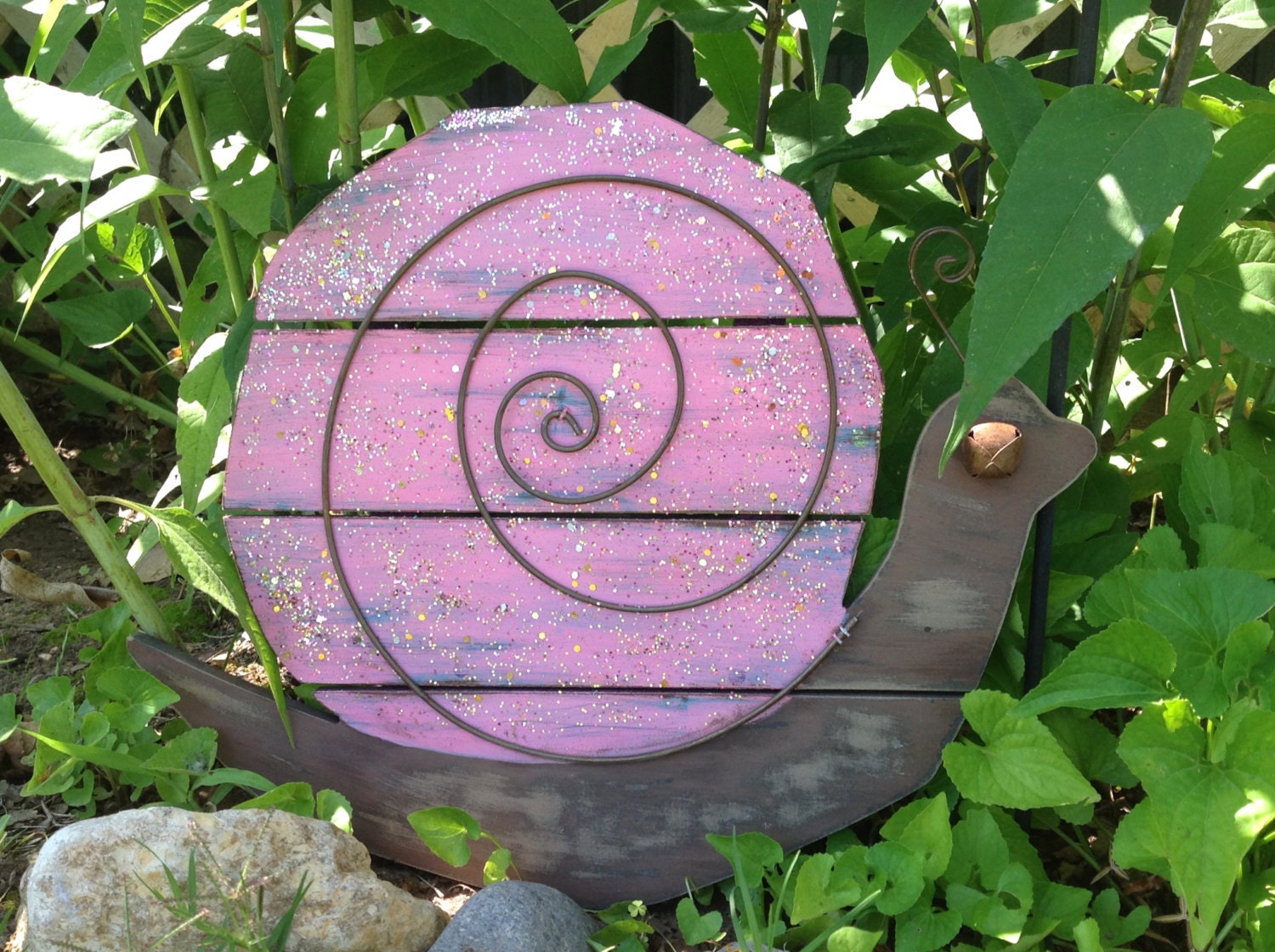 Wooden Snail Hanging Decor Glittered Pink Yard Art Hanging