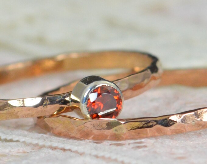 Garnet Engagement Ring, 14k Rose Gold, Garnet Wedding Ring Set, Rustic Wedding Ring Set, January Birthstone, Solid 14k Garnet Ring