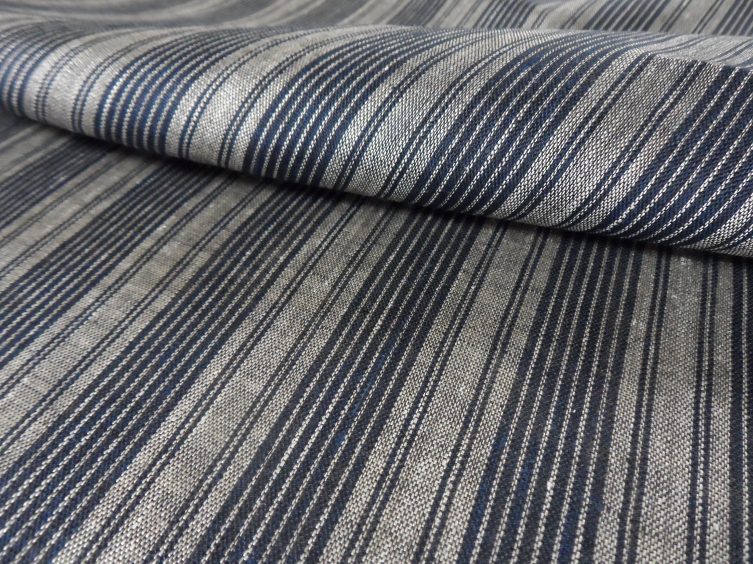 Striped Linen Fabric/ black natur / Lithuanian Linen / medium