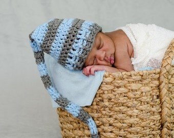 Baby Boy Hat,Blue Striped Hat,Long Tail Hat,Photo Prop,Crochet Baby Gift,Pixie Hat,Striped Stocking Hat,Crochet Baby Hat,Crochet Baby Boy