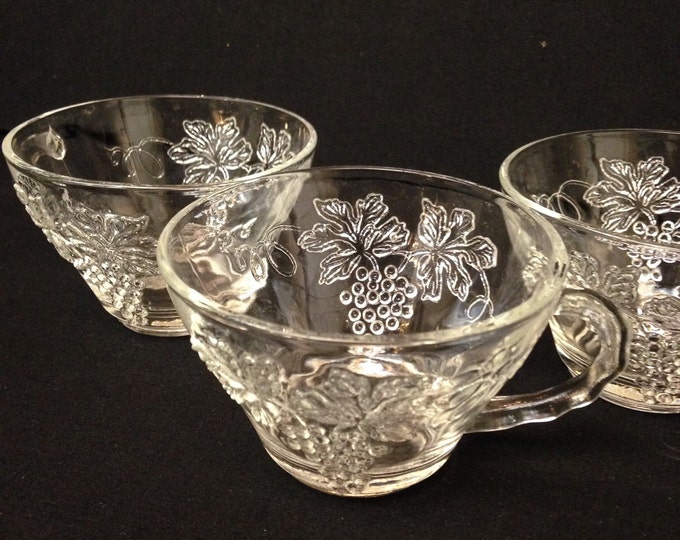 Storewide 25% Off SALE Vintage Set Of Four Grape Cluster Patterned Glass Punchbowl Cups Featuring Elegant Raised Style And Design
