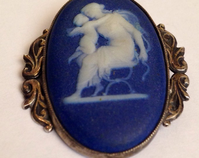 Storewide 25% Off SALE Vintage Silver Tone Wedgwood Signed Authentic Blue Jasperware Cameo Brooch Featuring Victorian Woman With Cherub Ange
