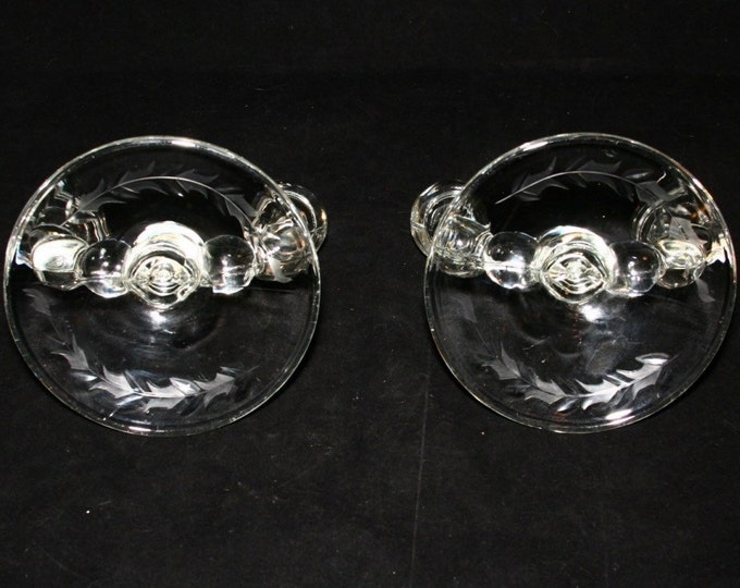 Storewide 25% Off SALE Vintage Bubble Clear Crystal Glass Double Stemmed Matching Candlestick Holders Featuring Elegant Etched Base Design