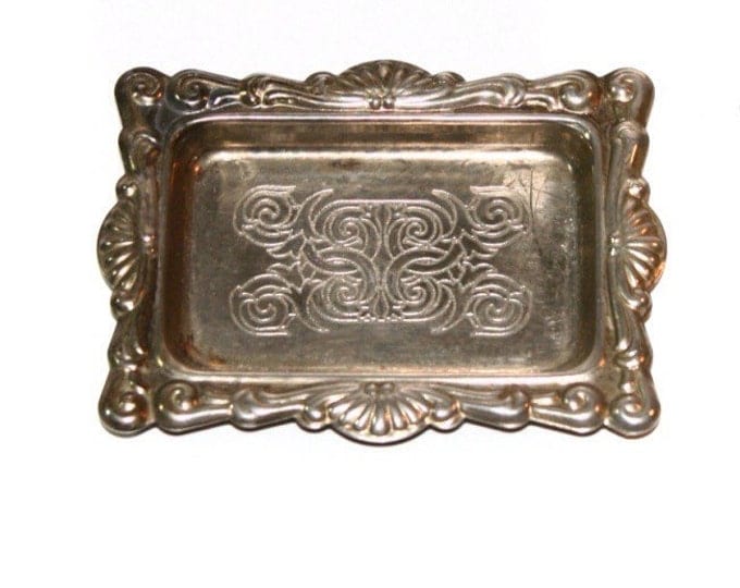 Storewide 25% Off SALE Vintage Electro Silver Plate Steel Italian Made Trinket Coin Tray Featuring Elegant Scrolling Design & Victorian Trim