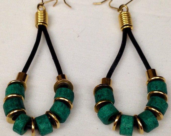 Storewide 25% Off SALE Vintage Gold Tone Green Turquoise Style Designer Beaded Hoop Earrings Featuring Black Rope Style Design