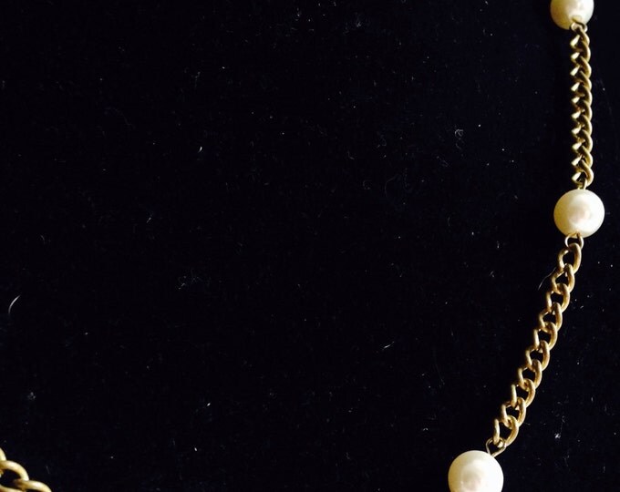 Storewide 25% Off SALE Vintage Gold Tone Chain Link Faux Pearl Beaded Designer Necklace Featuring Mid Century Style Design