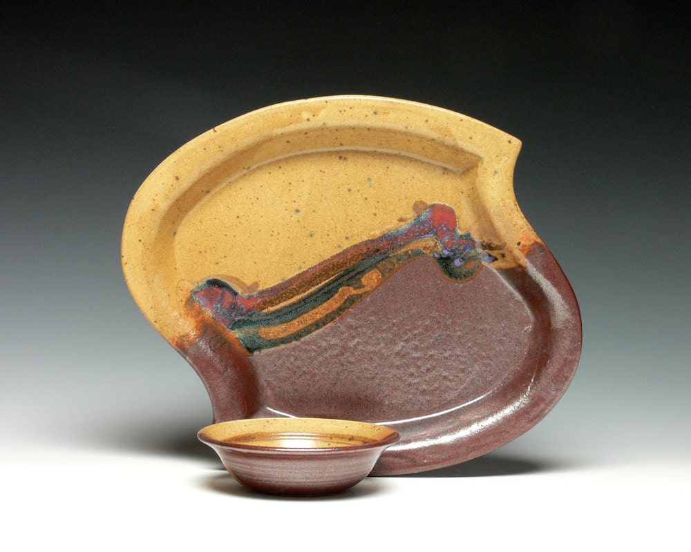 Pottery Serving Tray w/ Dip Bowl Tray Set Stoneware Tray