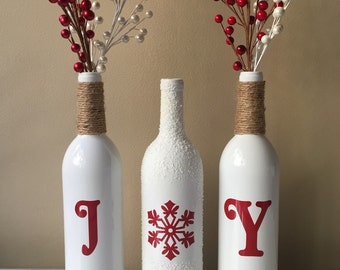Joy Wine Bottles, Christmas Decorations, Snow Wine Bottles, Twine Wrapped Wine Bottles,