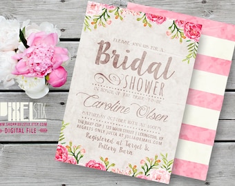 Rustic Floral Bridal Shower Invitation, Tea Stained Style, Watercolor Flowers, Autumn Wedding Luncheon - CUSTOMIZABLE PRINTABLE INVITATION