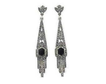 Art Deco Earrings Black Onyx Silver Marcasite