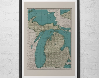 VINTAGE MICHIGAN MAP - Vintage Map of Michigan Wall Art - Vintage Map Reproduction, Historical Wall Art, Home Decor