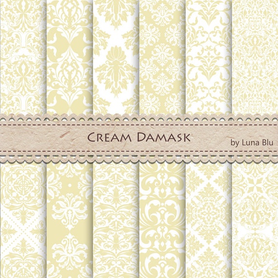 Cream Digital Paper: Cream Damask vanilla ivory by Lunabludesign