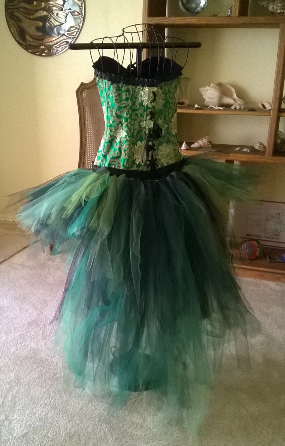 Emerald Green And Gold Corset Wtulle Bustle Steampunk Corset 