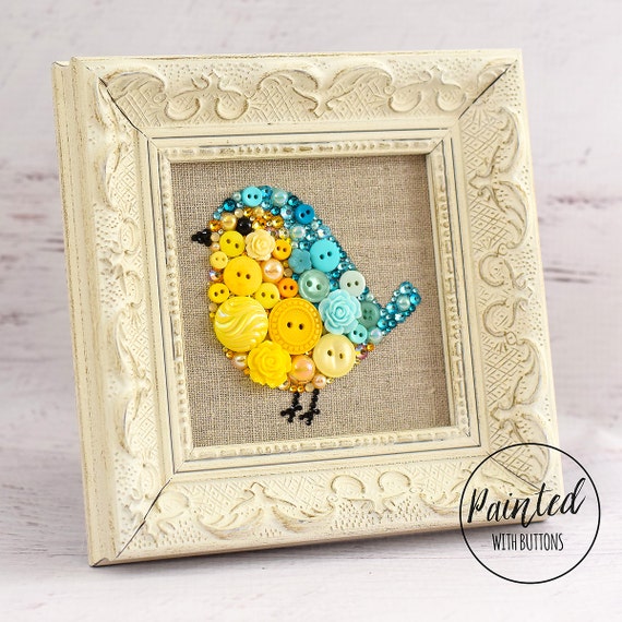 Framed Button Art Baby Bird Small Bird Wall Hanging Bird