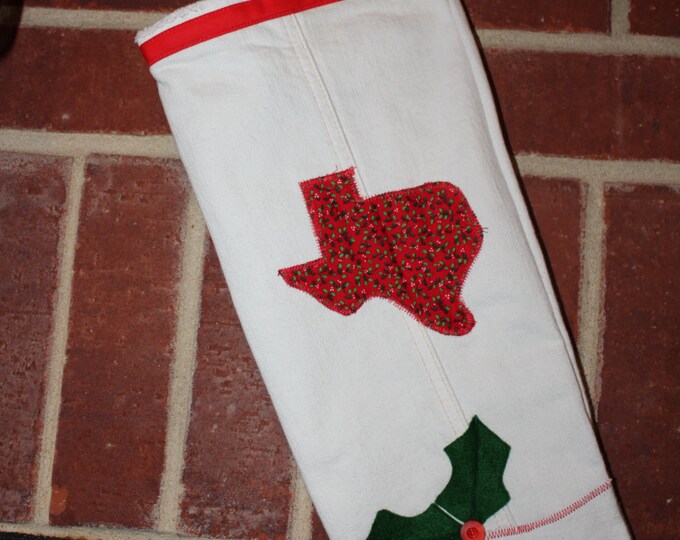 HALF PRICE ** Pair of Up-cycled Jeans Christmas Stockings with Red Holly Texas Theme