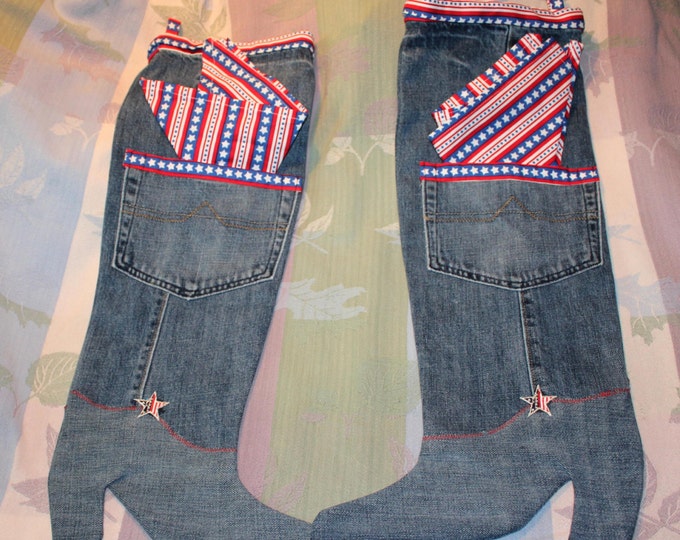 HALF PRICE ** Patriotic Stars and Stripes Christmas Stocking. Red White Blue Flags and Eagles Decorate Up-cycled Blue Jean Holiday Stocking