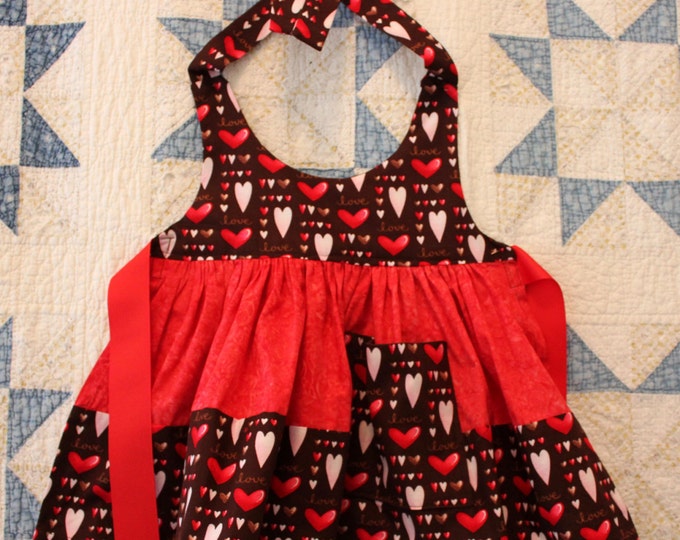 HALF PRICE ** Hearts and Chocolate Frilly Apron. Chocolate Brown Red & Pink Heart print. Double Ruffle Skirt