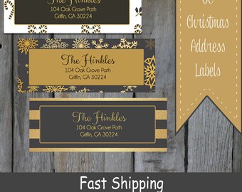 60 Black & Gold Holiday Address Labels - Rectangle Christmas Return Address Labels (RT12))