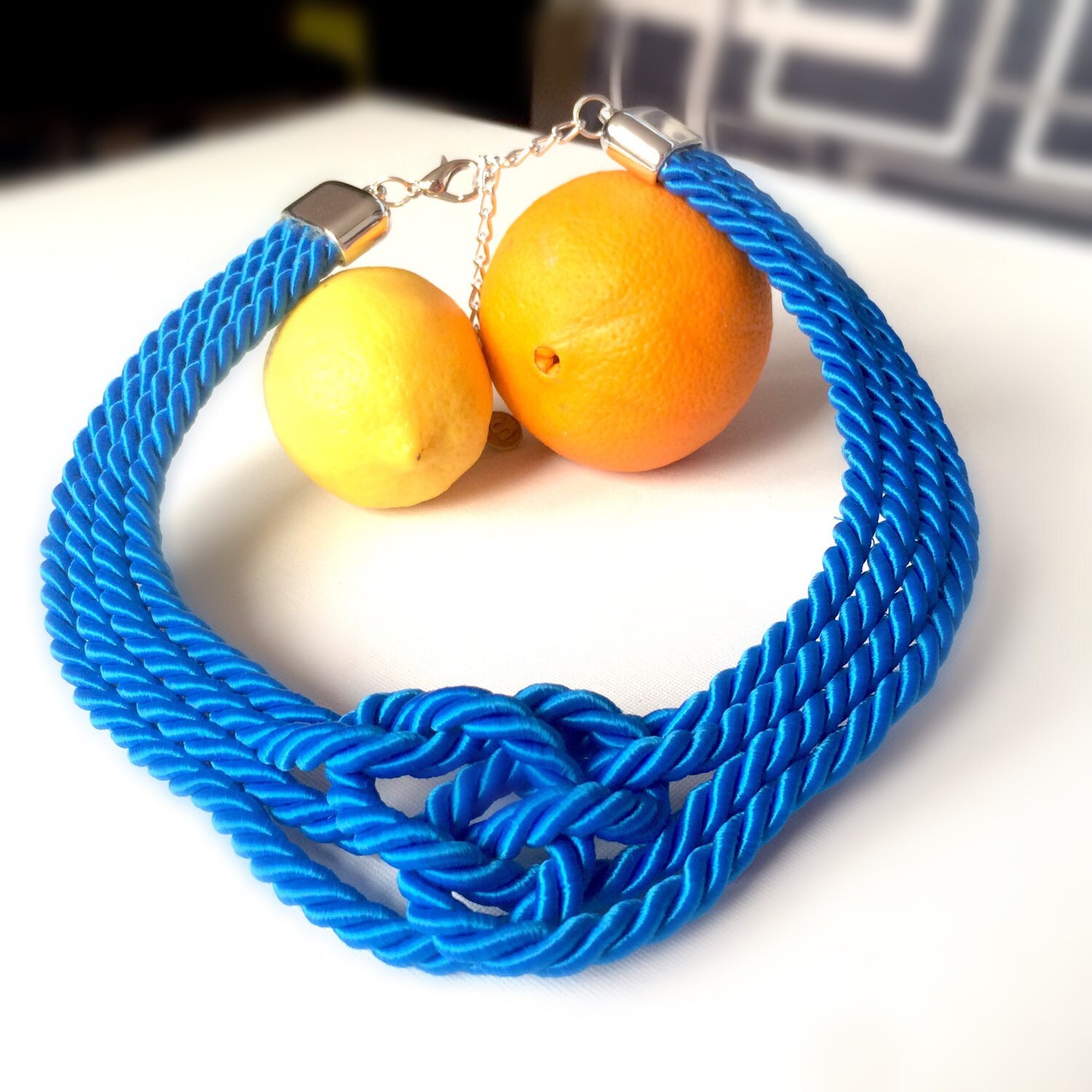 Royal blue necklace, Nautical necklace, Knot necklace, Braided necklace