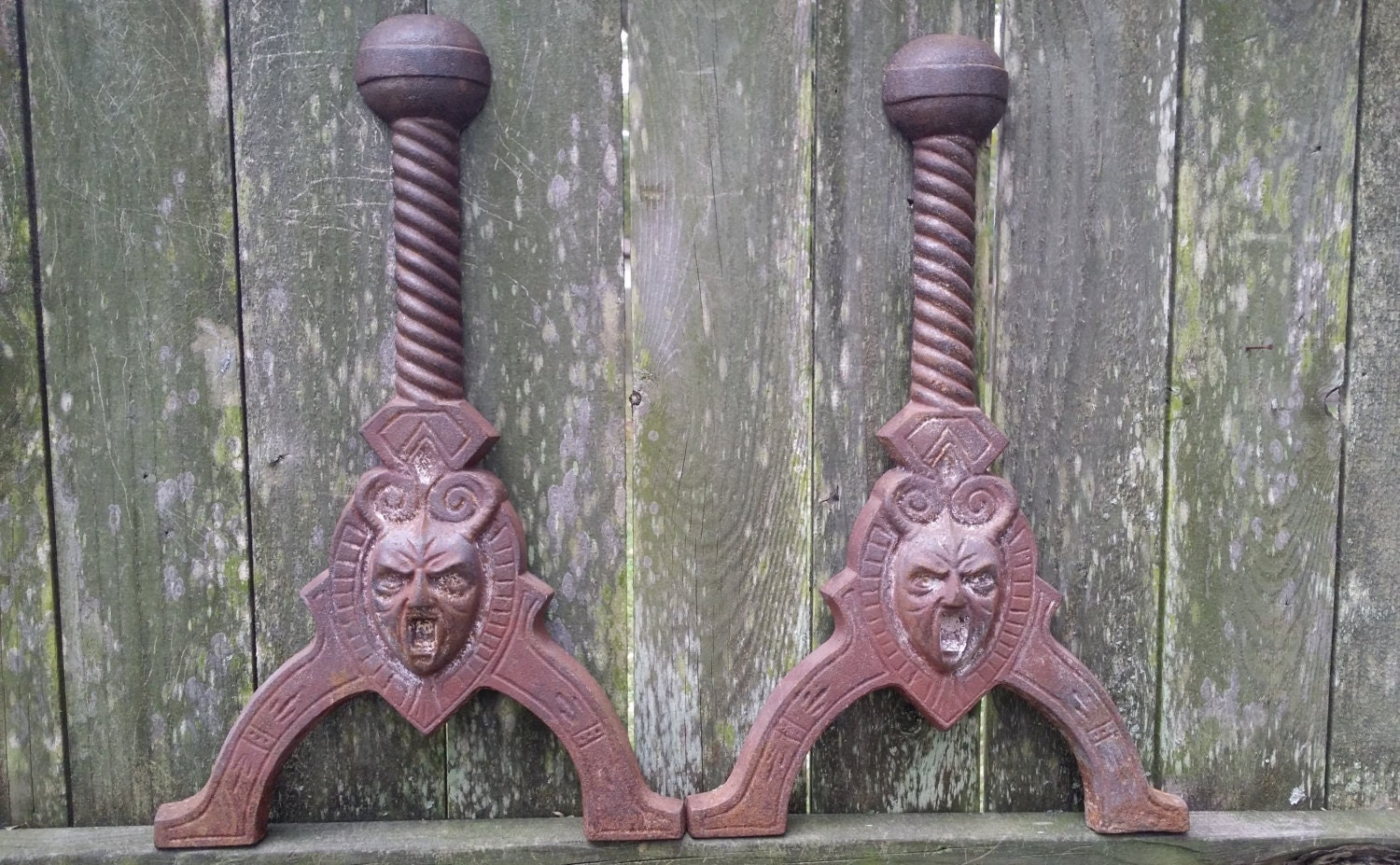 Rare Antique Devil Face Andirons in Cast Iron/ Antique