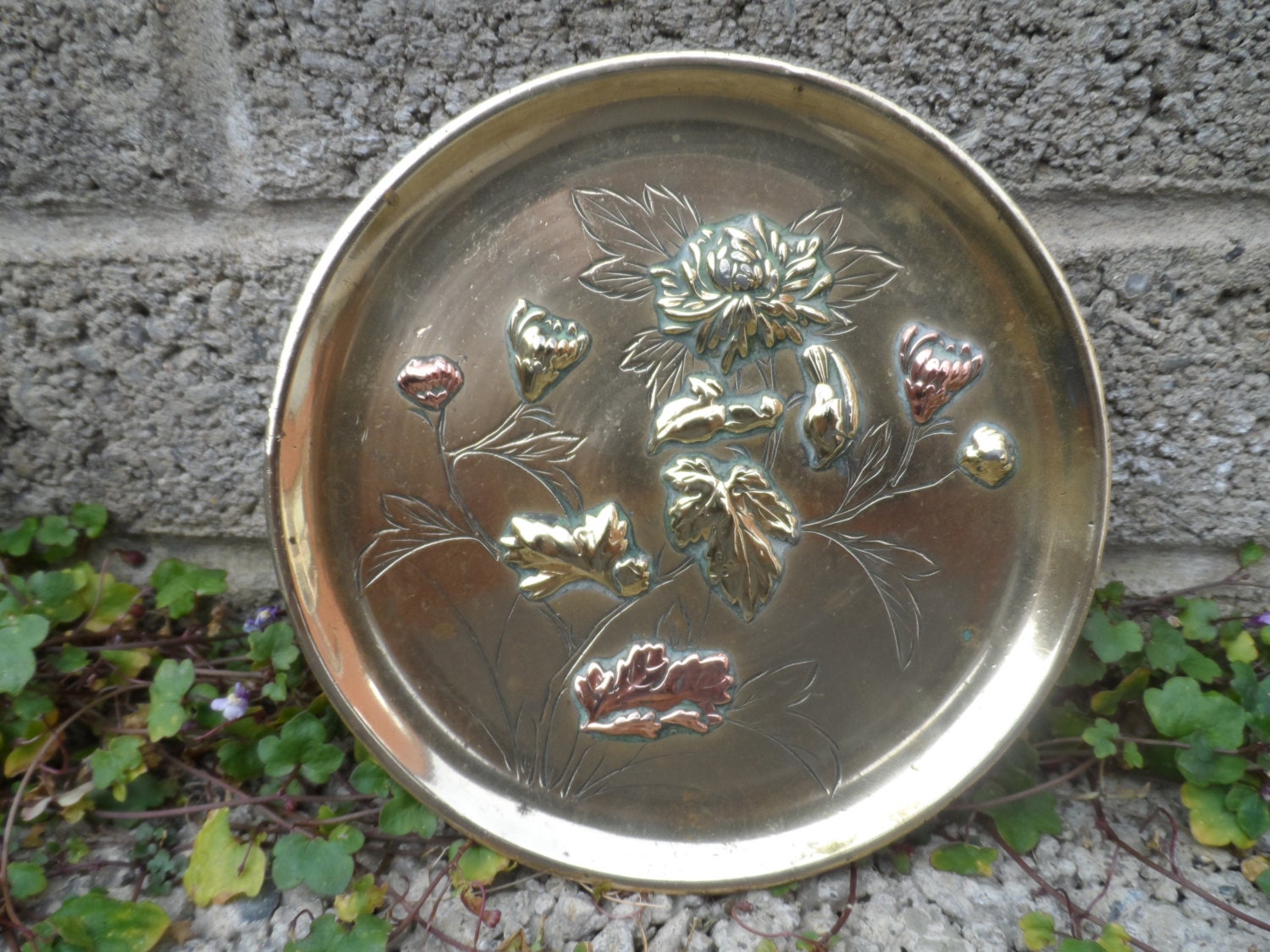 Antique Japanese bronze mixed metal plate / dish Japanese