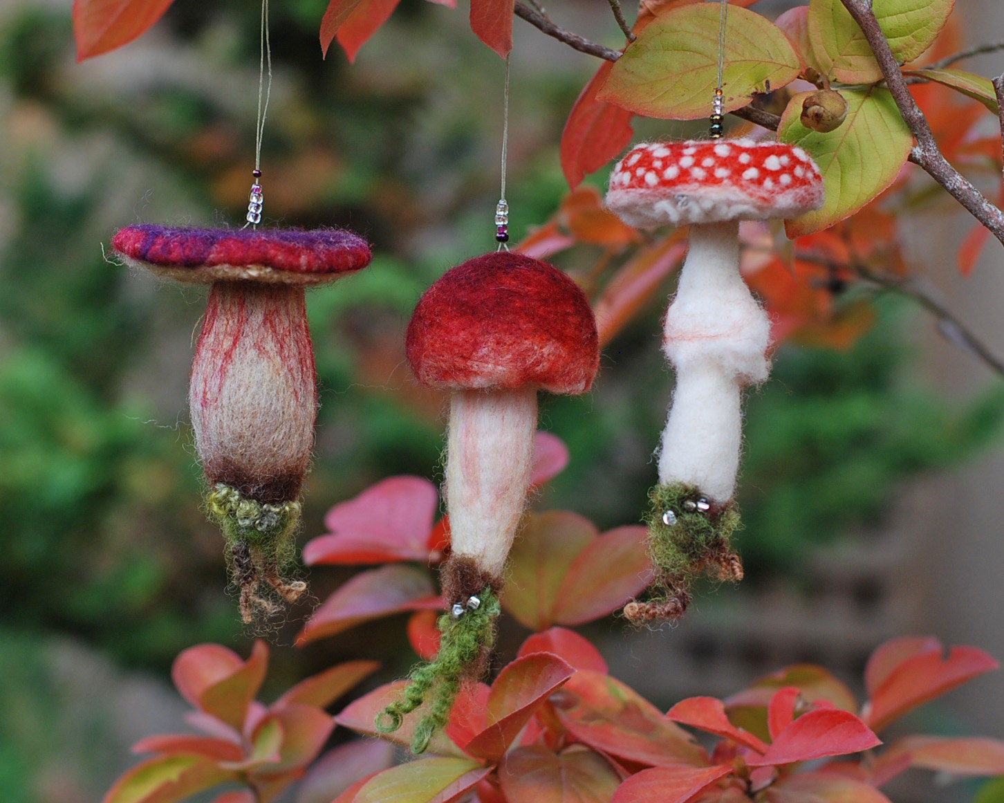 Needle Felted Mushroom Ornaments Set of Three Assorted