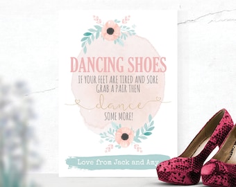 XXL Dancing Shoes Feet Personalised Wedding Flip Flop Canvas Poster Water Colour Flower Design Mint & Pink (W6)