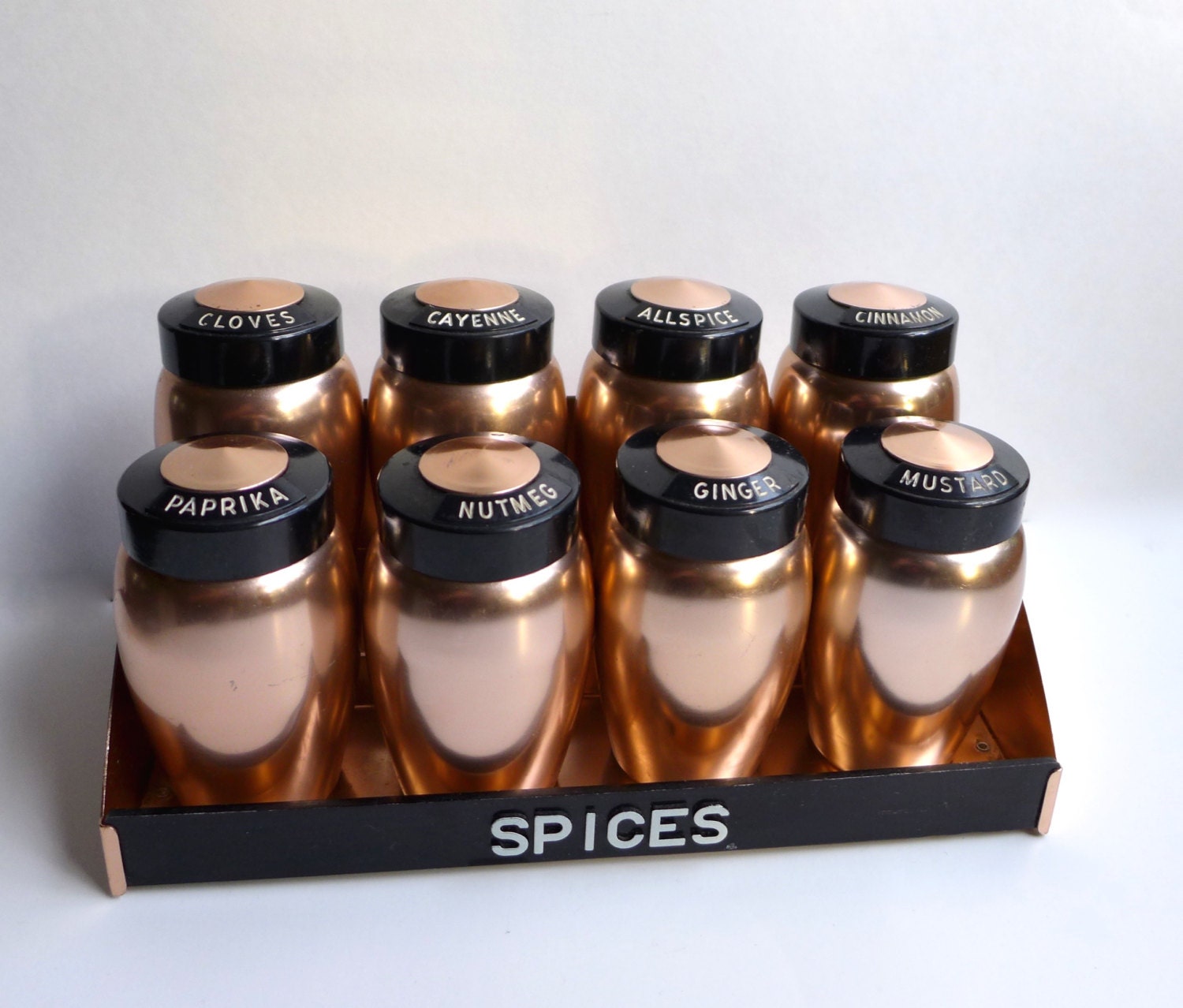 Set of 8 Copper Spice Rack Holder Vintage Copper Spice Jars