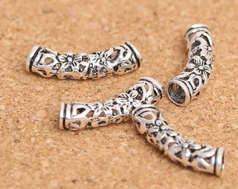 10 Sterling Silver Tube Beads, Sterling Silver Curved Tube Beads, Sterling Silver Flower Tube Beads, Curved Beads, Spacer Beads