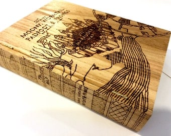 Mauraders Map Harry Potter woodburned box. Free shipping. Wood burned stash box. Custom personalized fake book box. Cigar, jewelry, card box
