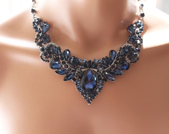 Navy blue, Bridal jewelry set Crystal Deco Nouveau Style Necklace with Earring, wedding jewelry set, Wedding Set ,Floral Crystal Rhinestone