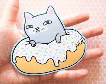 Grey Donut Cat Vinyl Sticker