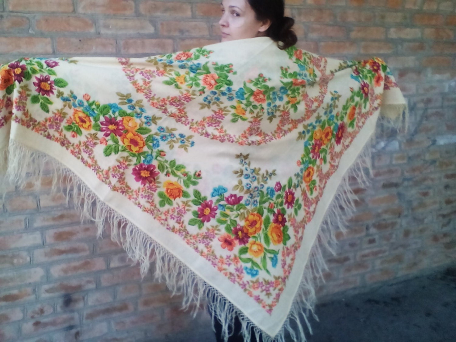 Sale!Big damaged shawl! Vintage woolen shawl in traditional style ...