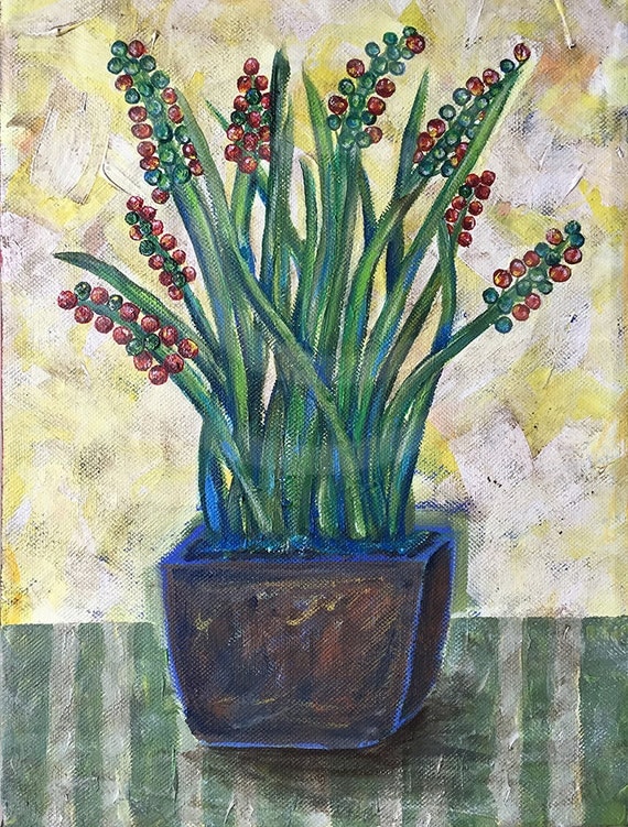 Acrylic Painting of Flower Pot Original on Canvas 9 x 12