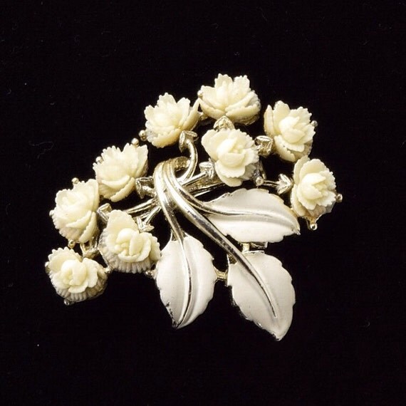 Antique white rose brooch vintage JJ flower brooch carved