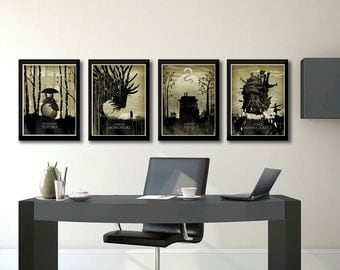 Miyazaki Art Poster Set, My Neighbor Totoro, Princess Mononoke, Spirited Away, How'ls Moving Castle, Japanese Poster, Miyazaki minimalist