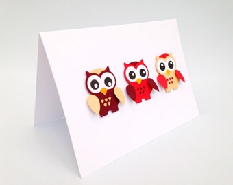 Owl handmade greeting card ~ owl card ~ Red owl card ~ Blue owl ~Paper handmade greeting cards ~ Owl birthday card ~ Handmade blank owl card