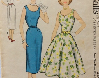 McCall's 3240 vintage 1950's misses wiggle dress w/slim or full skirt sewing pattern size 12 bust 30