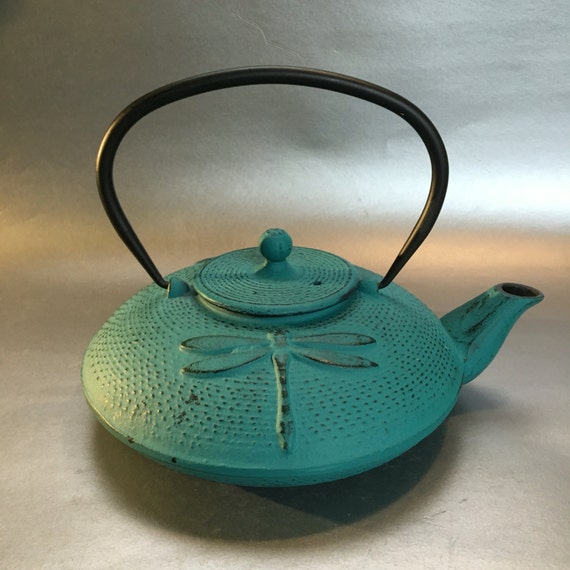 Large 5 cup Teal Green Dragonfly Cast Iron Tetsubin Japanese