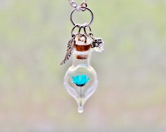 Turquoise Jewelry Flower Terrarium Necklace April Birthstone Clear Crystal Charm Unique Gift Nature Jewelry Glass Bottle Necklace Pendant