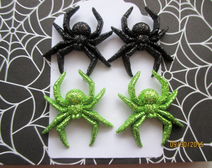 Spider earrings-Halloween costume-Black and Green spiders-Clip on earrings-Glittery Spider studs-halloween party favors-teen gift